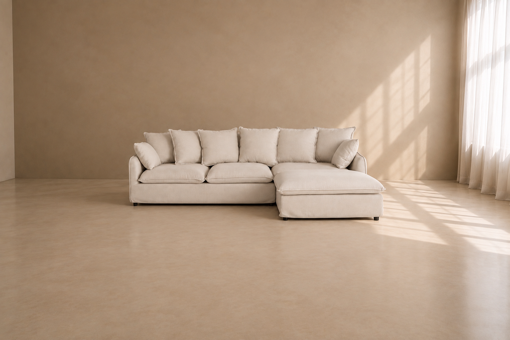 URDA - Sofá chaise longue de 3 plazas beige en poliéster y lino de 252 cm – Confort y estilo contemporáneo
