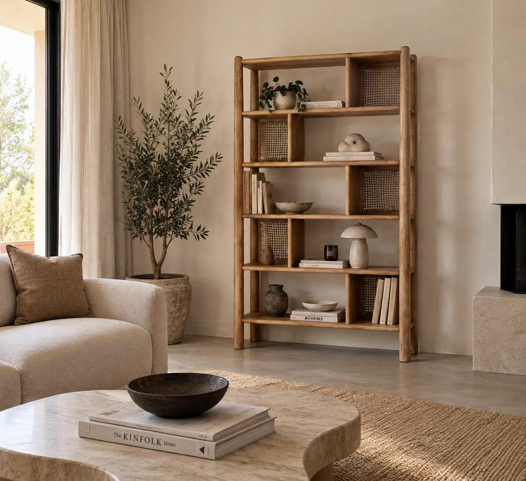 TAPIA - Bibliothèque en bois de manguier et cannage 100 x 35 x 180 cm