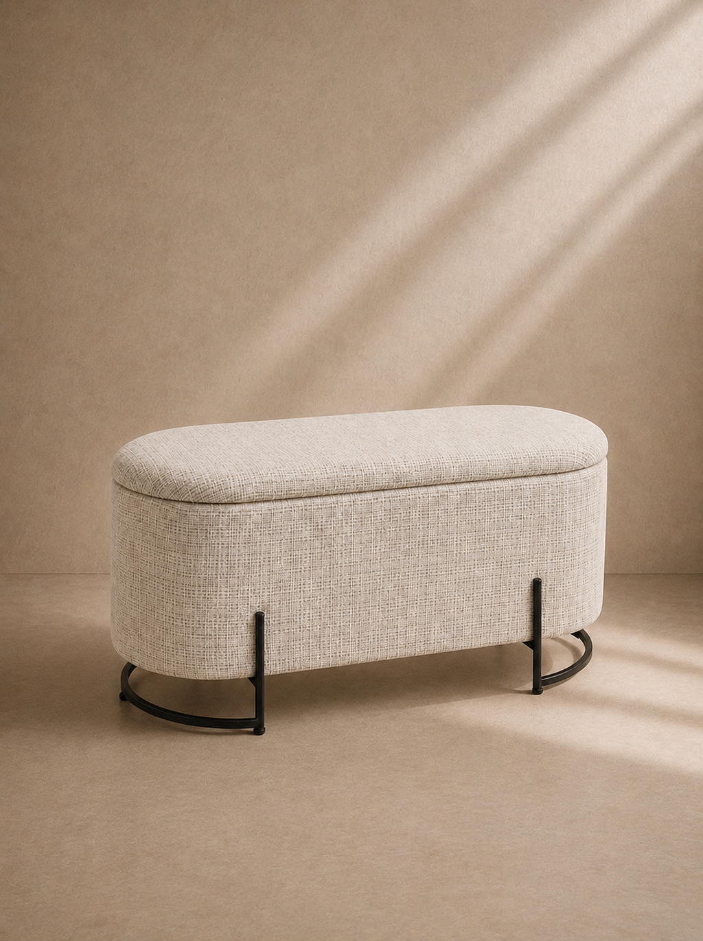 GAIANO - Banc coffre design avec rangement 100 cm en tissu naturel et métal noir