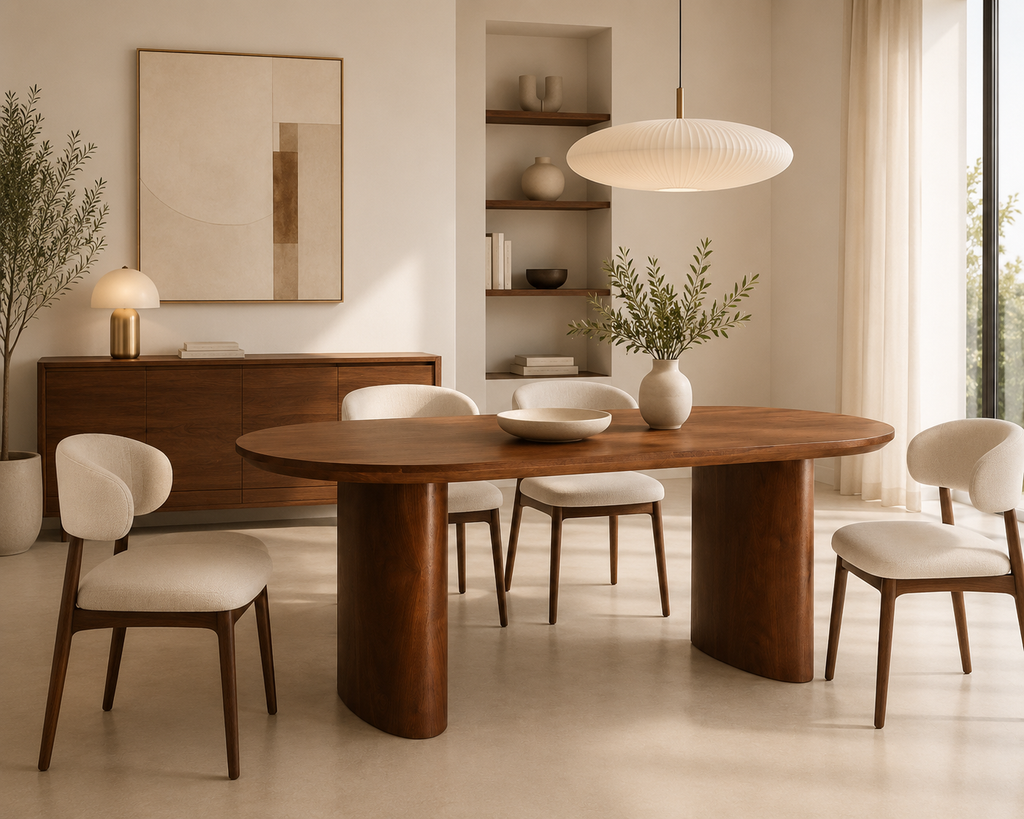 BARAS - Table à manger ovale en bois noyer – Élégance sculpturale pour 8 personnes