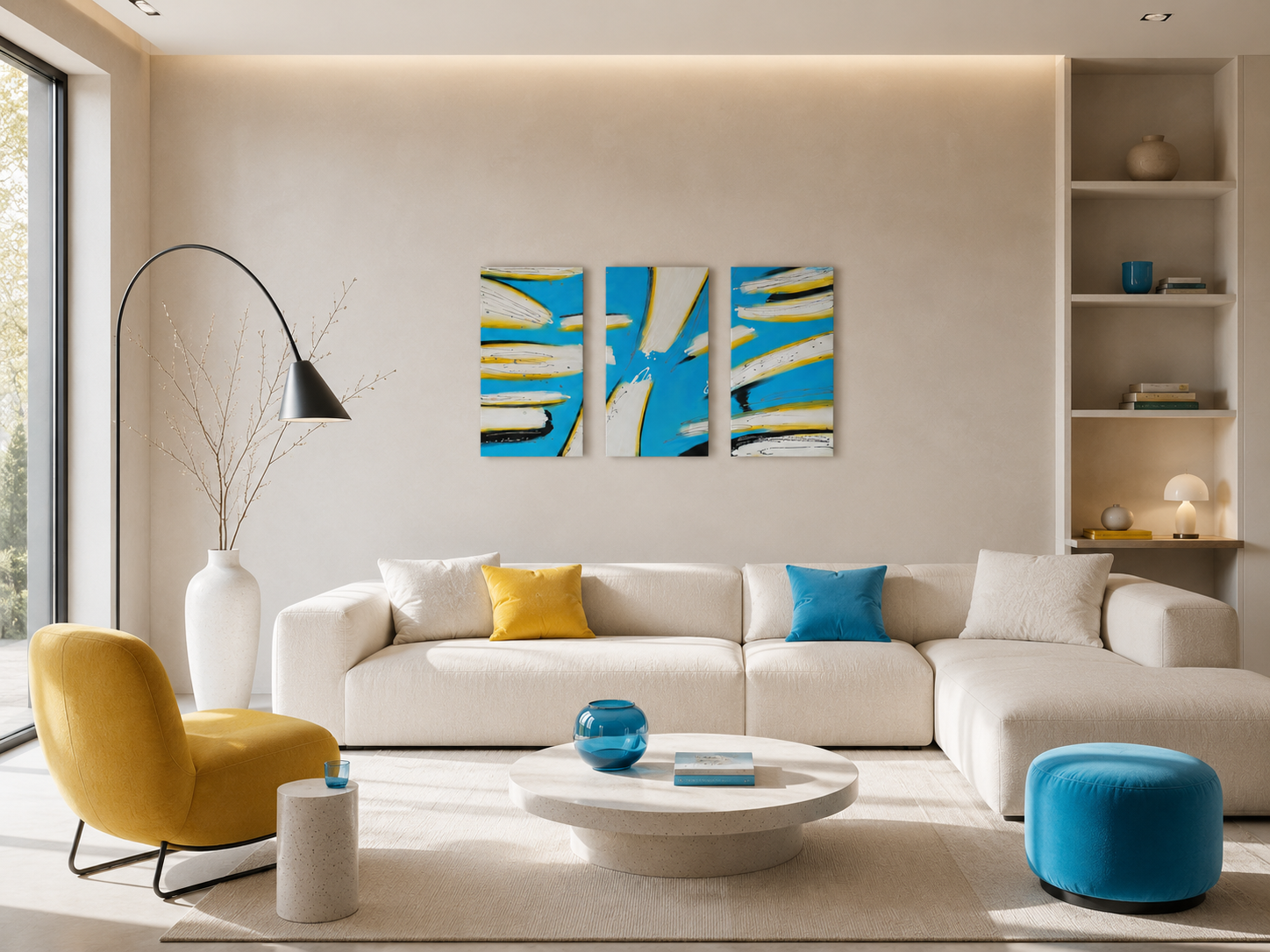 AMATI - Tableau Triptyque Abstrait Bleu, Blanc & Jaune – Peint à la Main (150 x 100 cm)
