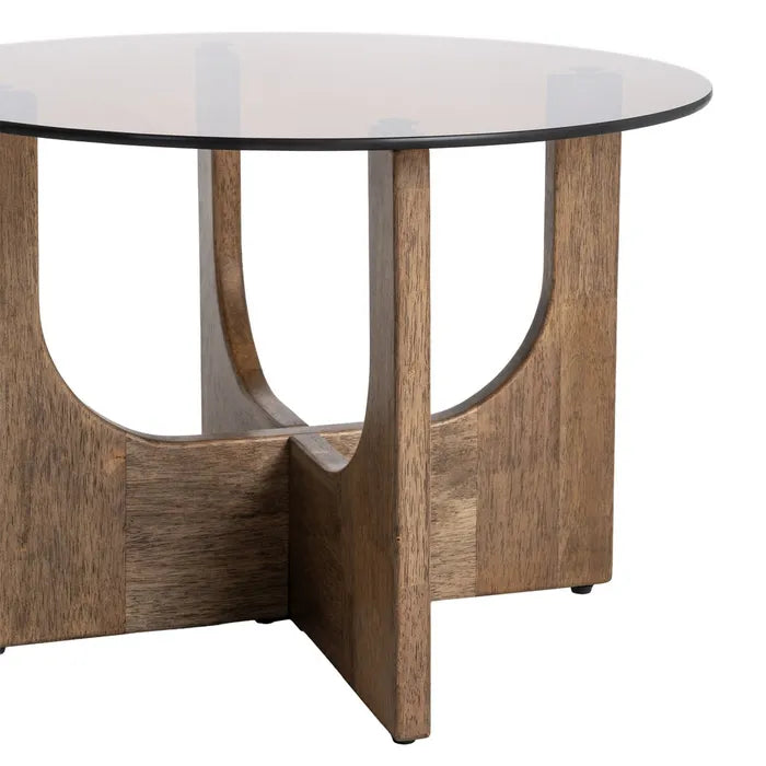 CASTRO - Mesa de centro redonda de madera y cristal marrón 60 x 60 x 41 cm