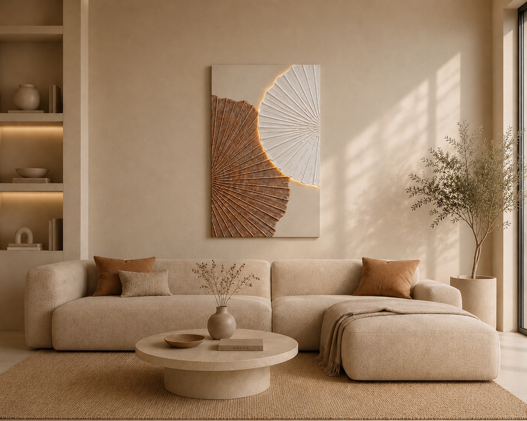CORIA - Huile Abstraite Nénuphars Blanc & Marron LED – Tableau Texturé 80x120 cm