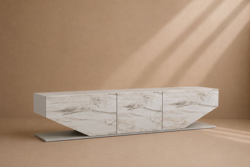 MELIA - Meuble TV design en mélaminé blanc effet marbre 180 cm