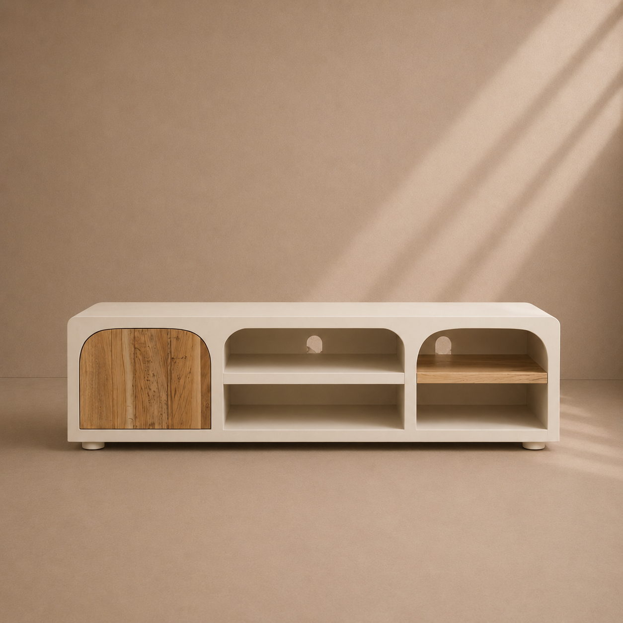 BUIZA - Mueble TV de diseño blanco crema y madera reciclada de 165 cm