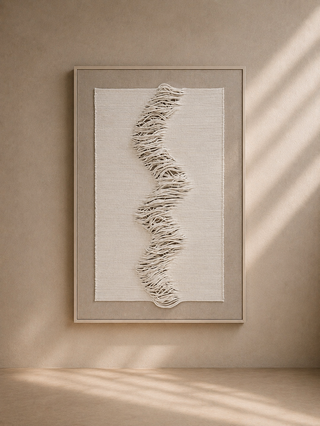 COLLIAS - Cadre mural abstrait en relief 90x140 cm – Art textile en cordon blanc