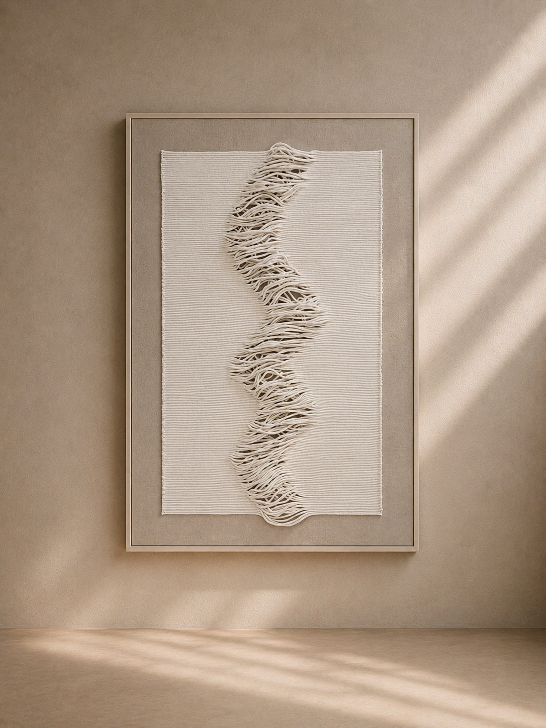 COLLIAS - Cadre mural abstrait en relief 90x140 cm – Art textile en cordon blanc