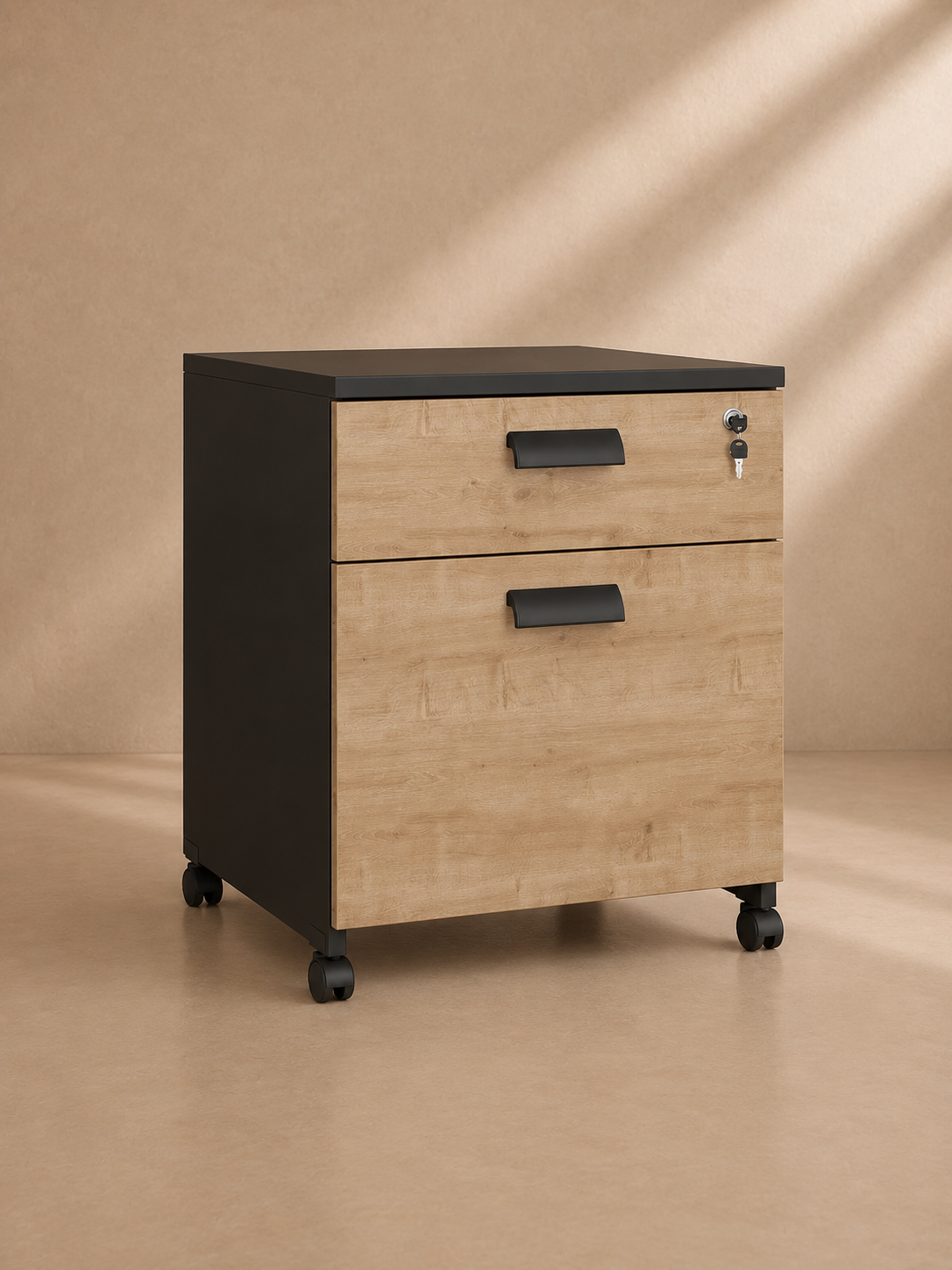 URRIES - Cajonera de oficina con 2 cajones – acabado madera natural y negro