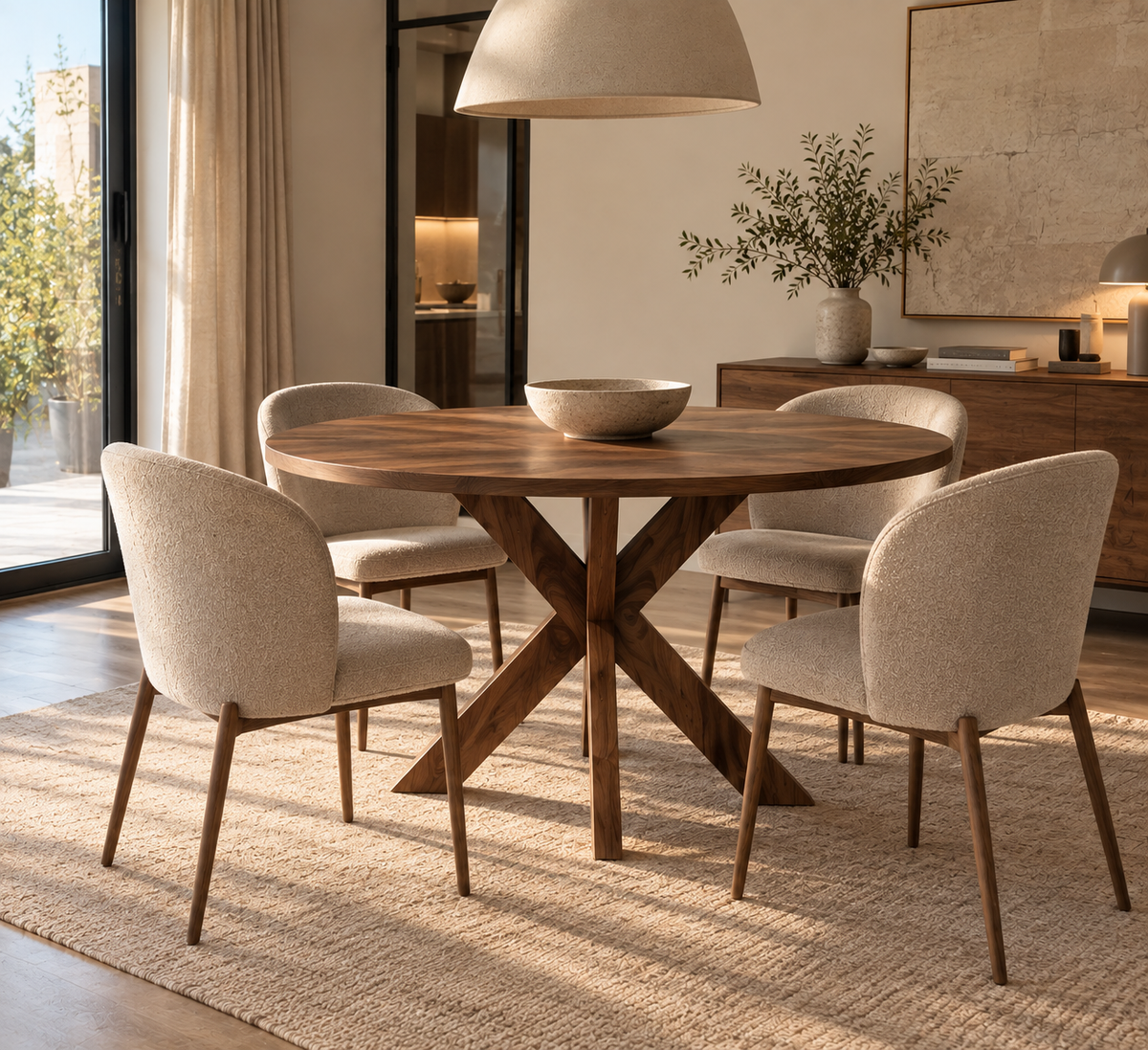 OSORNO - Mesa de comedor redonda 120 cm efecto madera, pata cruzada