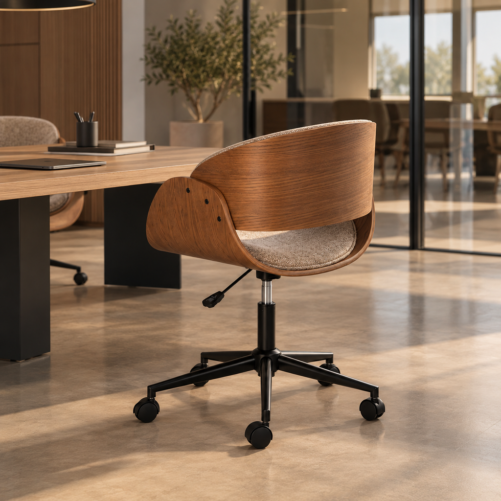 LOULÉ - Silla de oficina con ruedas beige y madera 59 × 64 × 88 cm