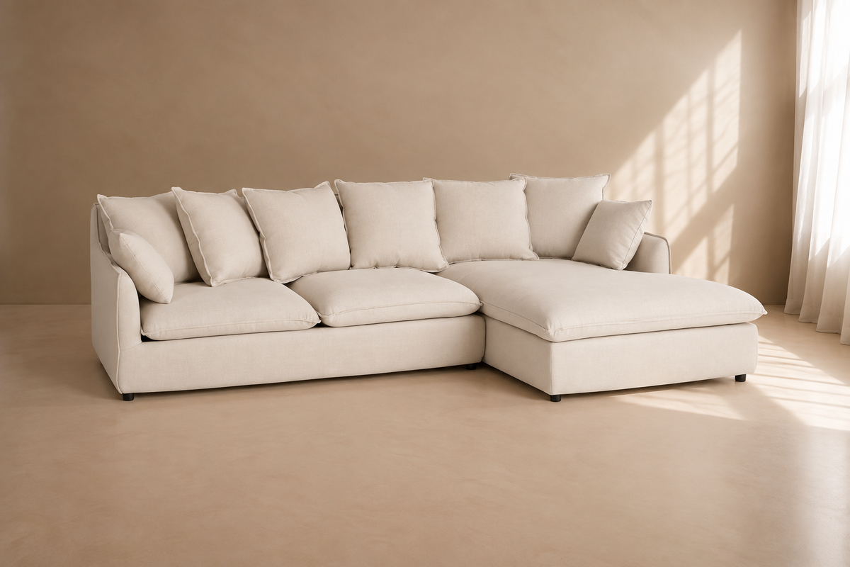 URDA - Sofá chaise longue de 3 plazas beige en poliéster y lino de 252 cm – Confort y estilo contemporáneo