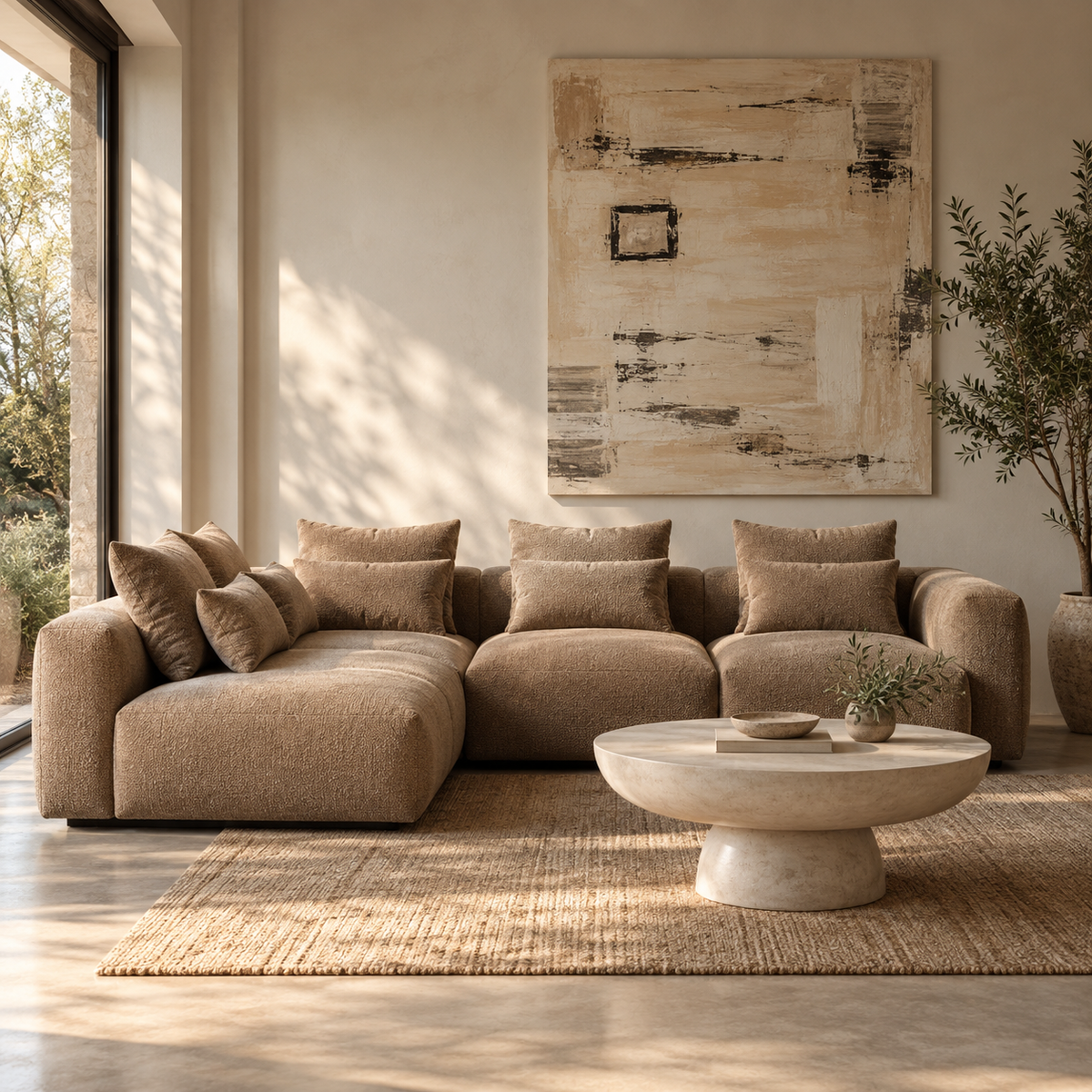 TORIL - Sofá rinconera izquierdo de tela beige de 3 plazas con chaise longue 307 x 202 cm
