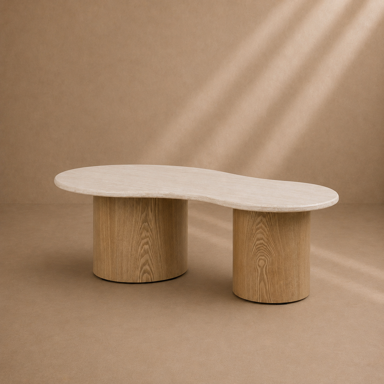 ESCO - Table basse design effet travertin et bois – Forme organique 120 x 70 cm