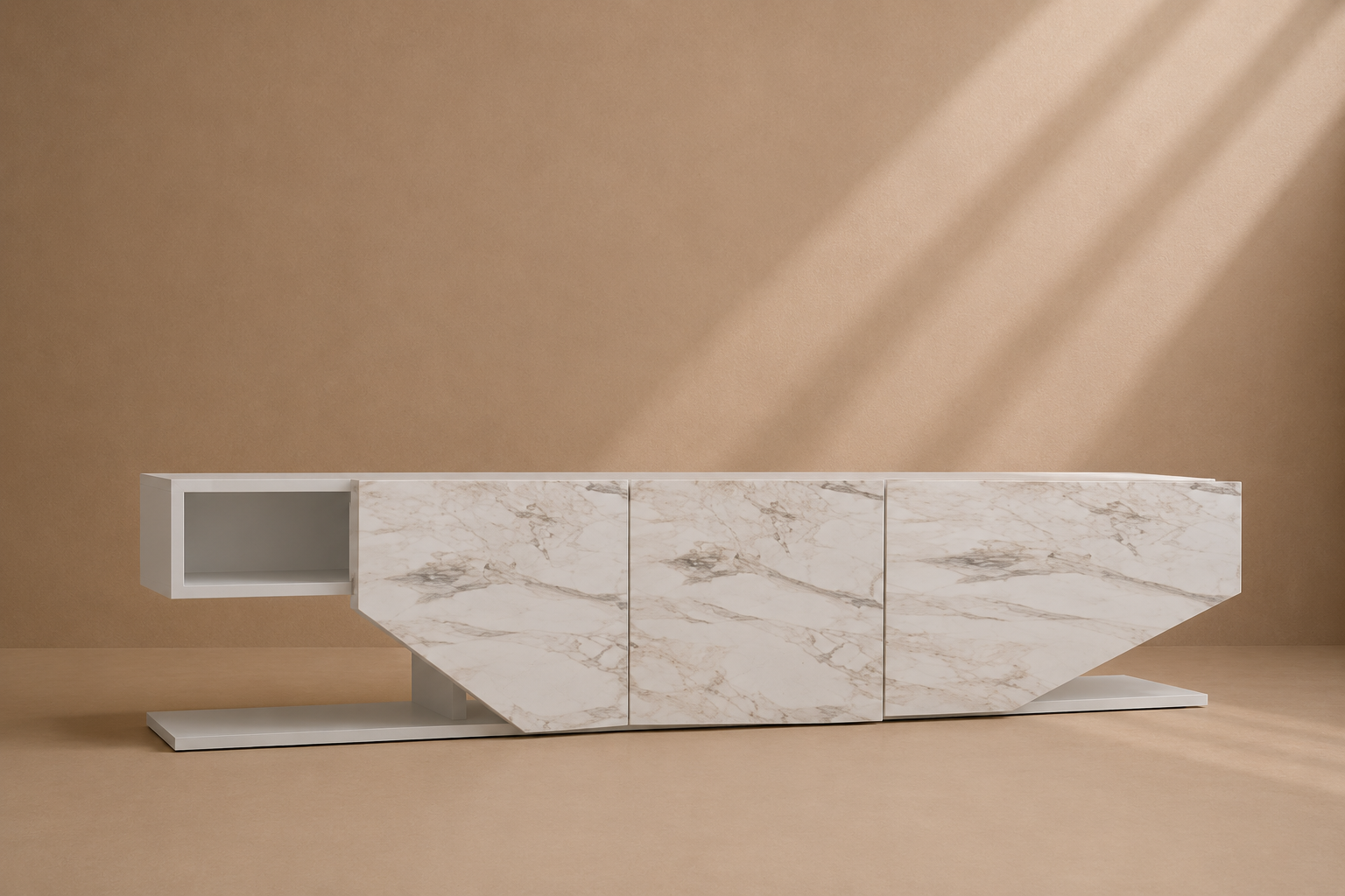MELIA - Meuble TV design en mélaminé blanc effet marbre 180 cm