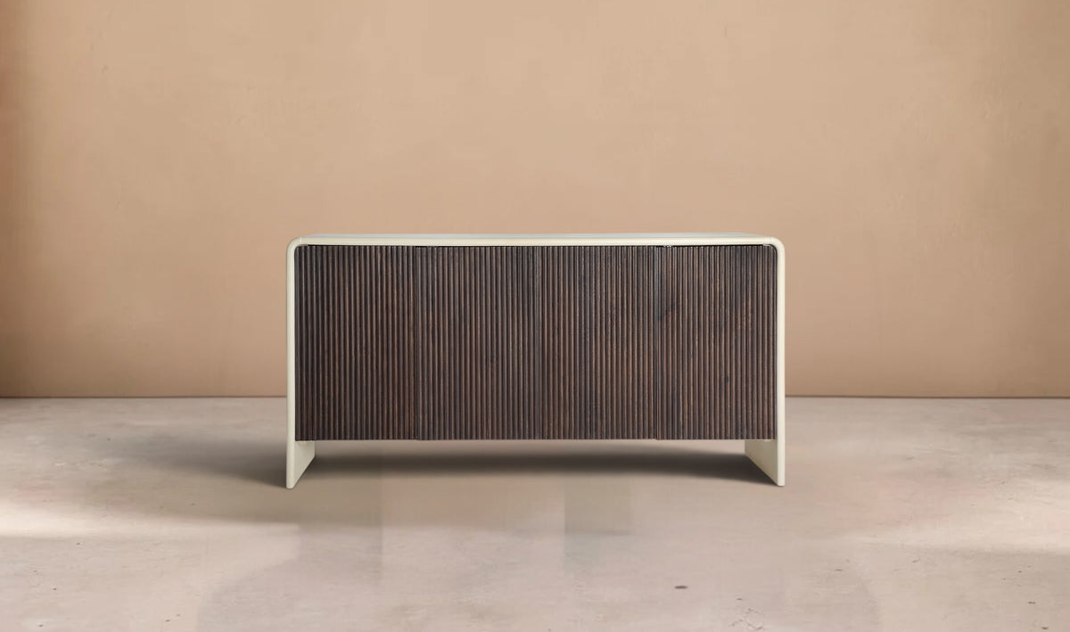 FREJ - Aparador de madera de mango marrón y MDF beige, 4 puertas, 160 cm