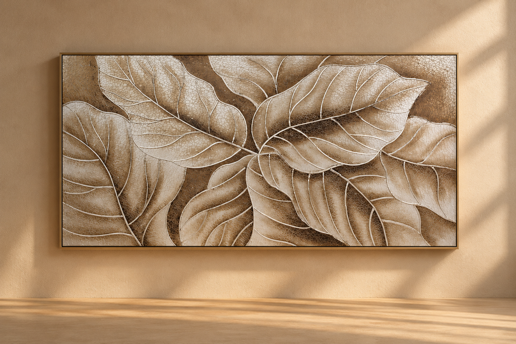 TAVIA - Cuadro al óleo hojas tropicales plateadas en relieve 180x90 cm
