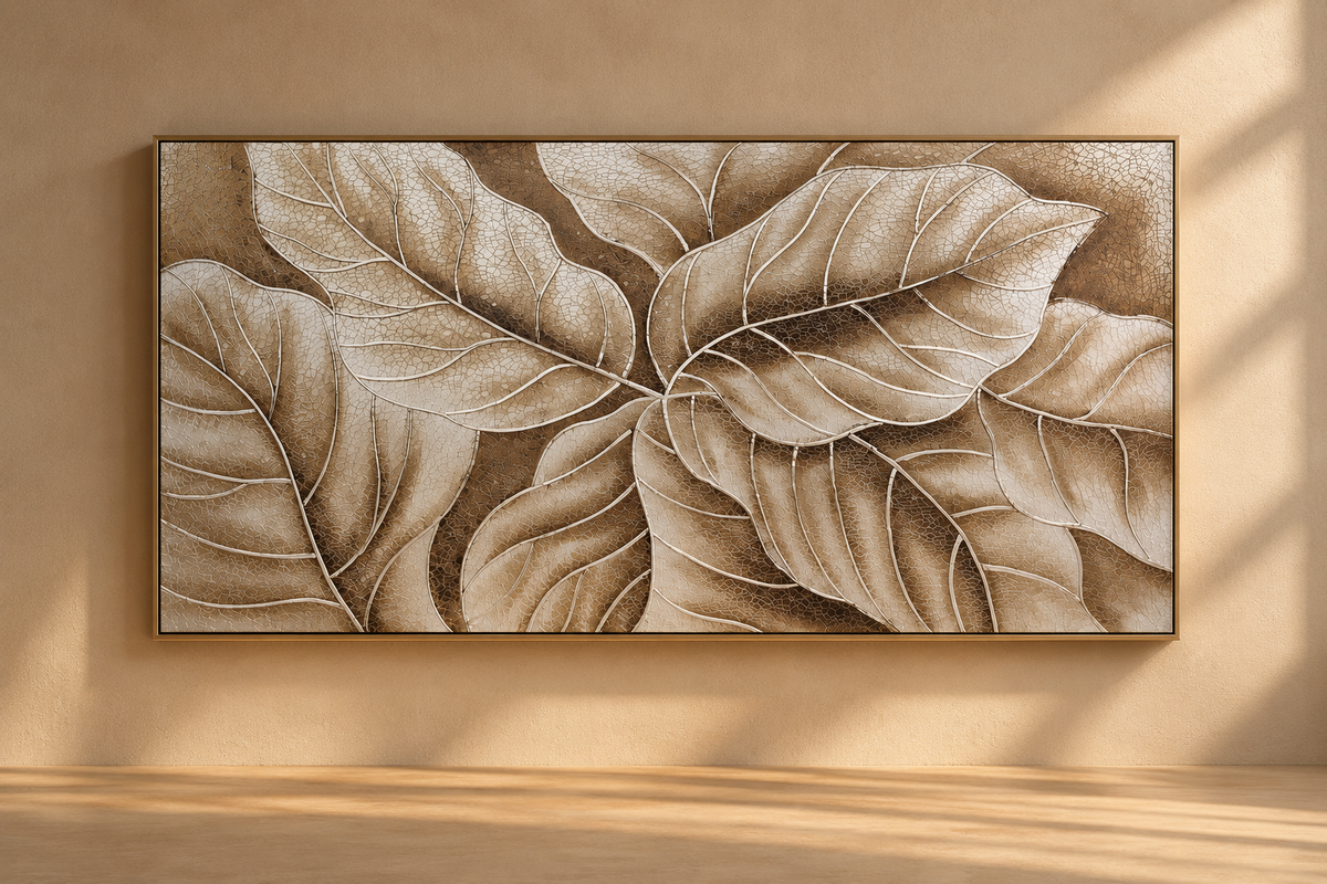 TAVIA - Cuadro al óleo hojas tropicales plateadas en relieve 180x90 cm