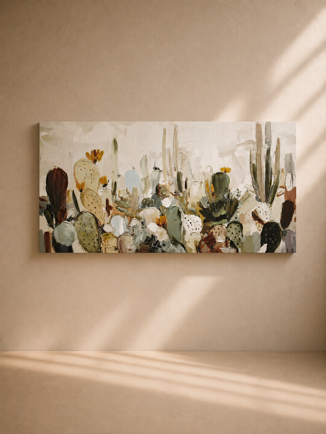 YESTE - Óleo sobre lienzo Cactus verdes 70 × 140 cm – Cuadro abstracto contemporáneo