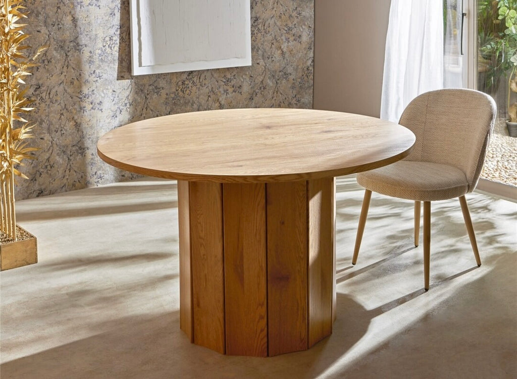 TICES - Mesa de comedor redonda chapada en madera de fresno de 120 cm