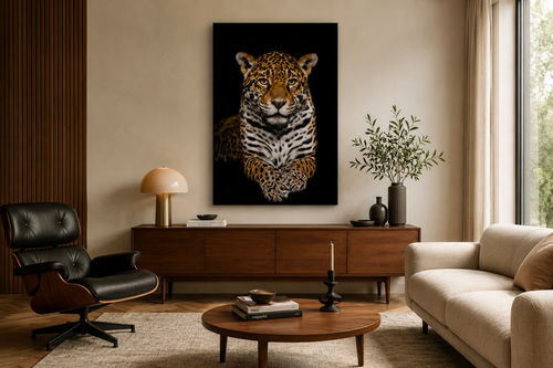 ARAI - Quadro em vidro estampado Leopardo – Fundo preto 80 x 120 cm