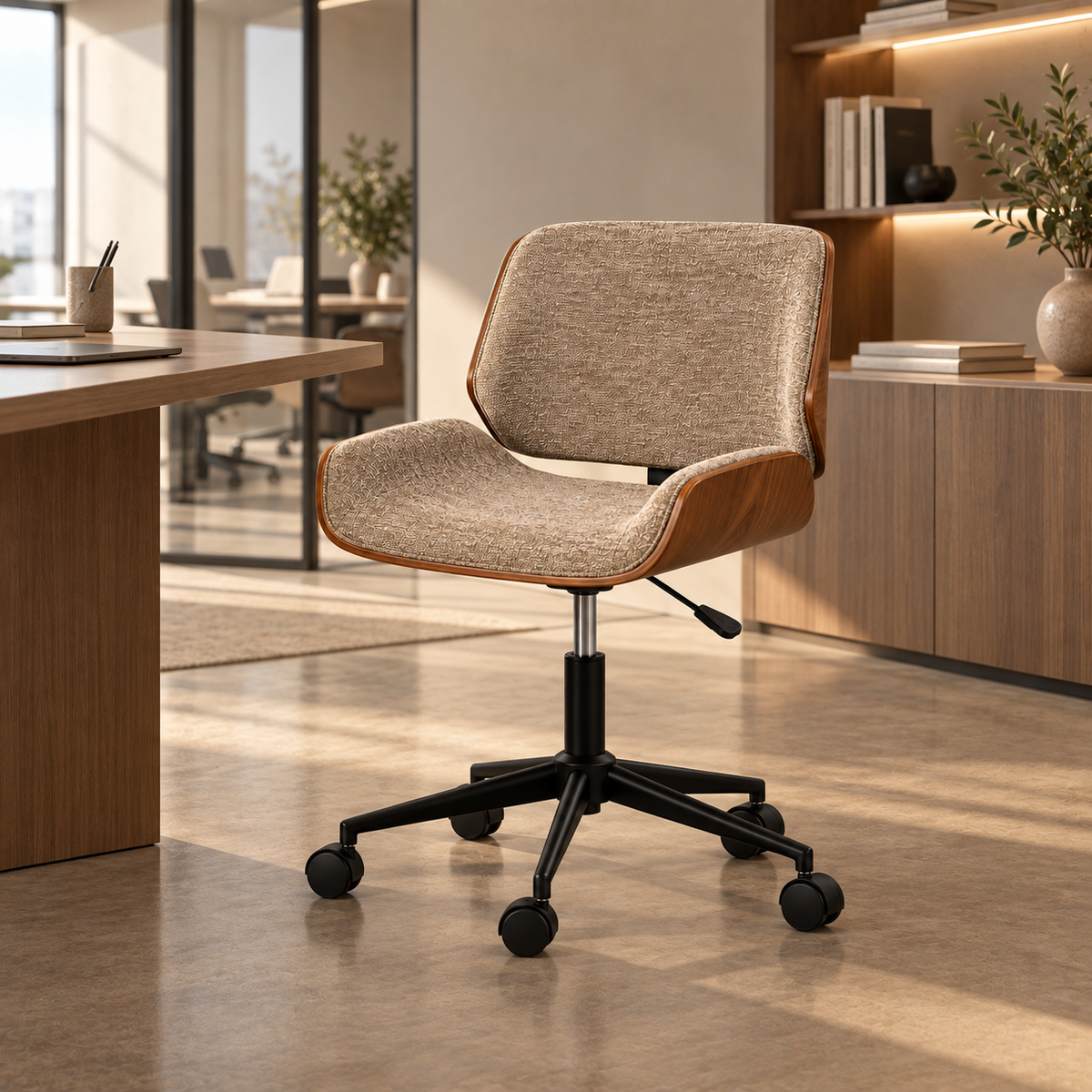 ALTEA - Silla de oficina con ruedas beige y madera 54 × 61 × 88 cm