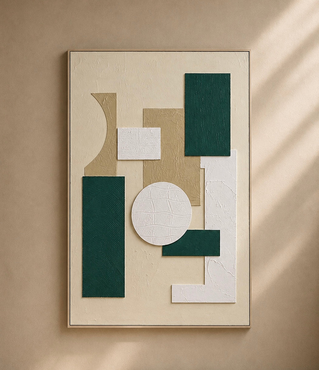 GRANS - Cuadro abstracto de relieves blancos y verdes enmarcado – 70 × 100 cm
