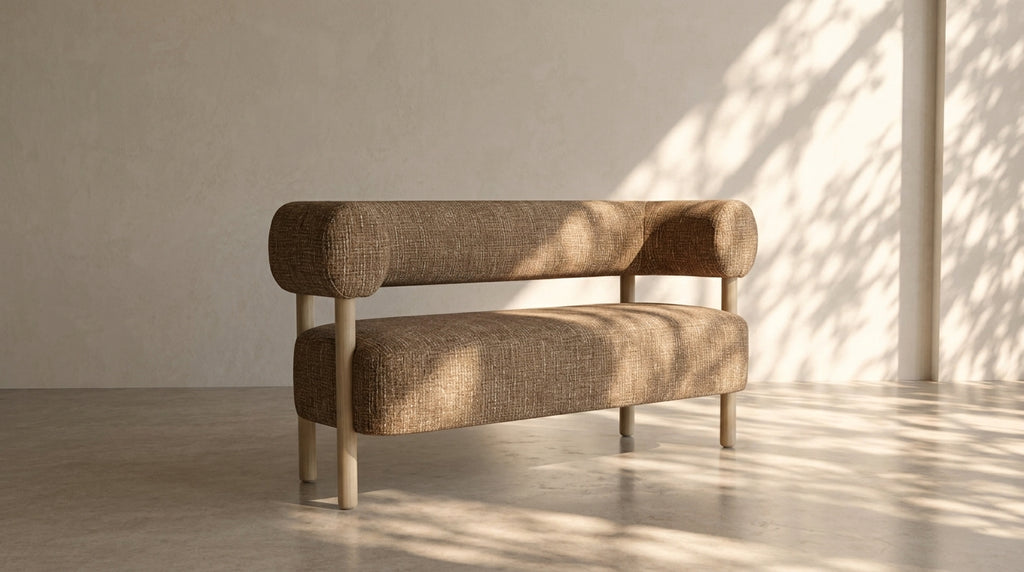 TRILLO - Canapé 2 places caramel 143 cm – Tissu texturé & pieds bois