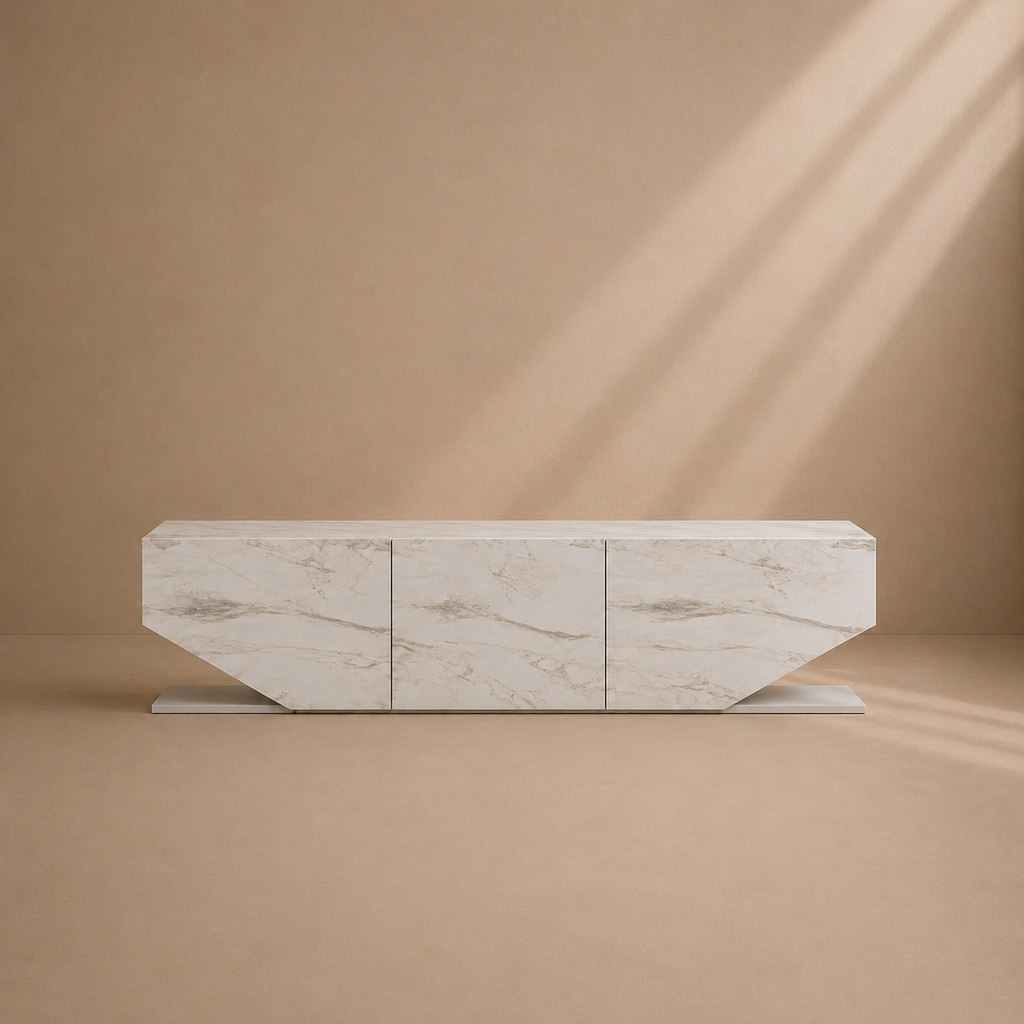 MELIA - Mueble TV de diseño de melamina blanca efecto mármol 180 cm