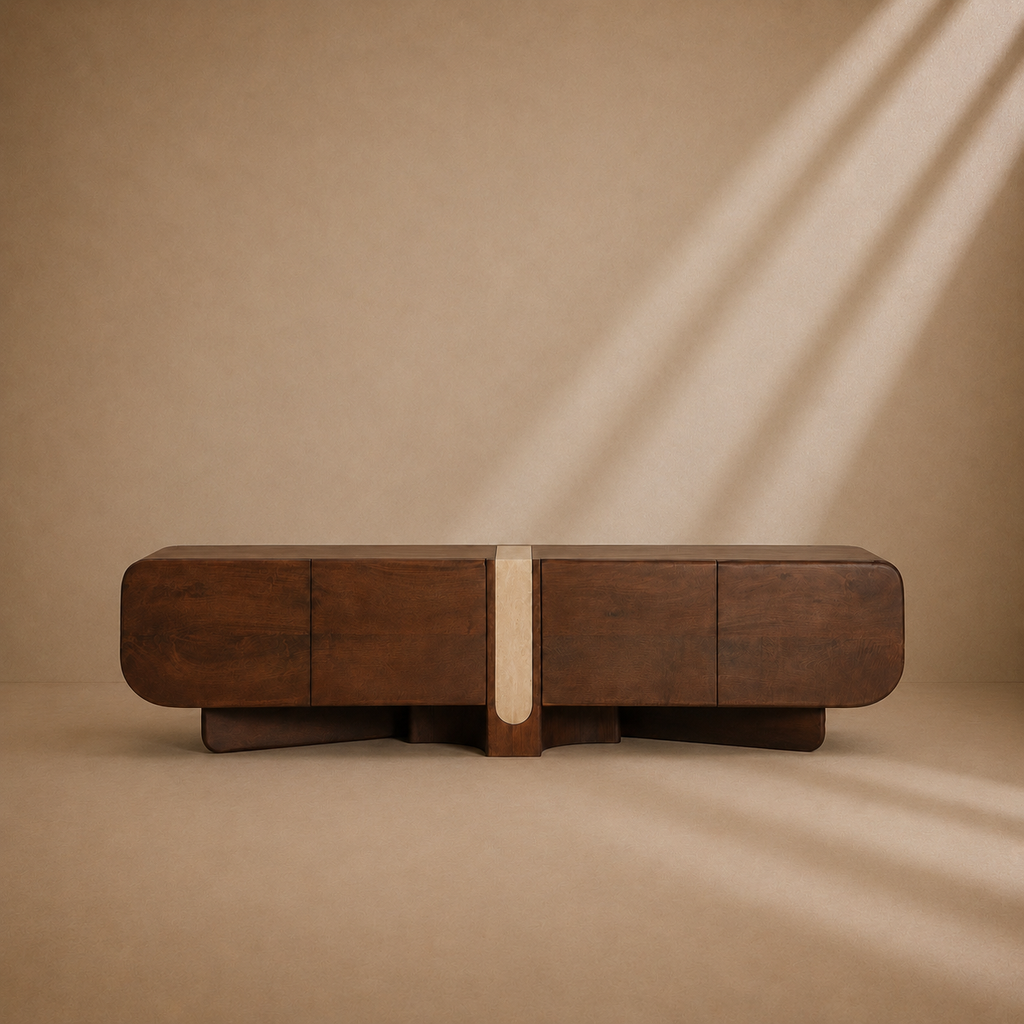 SINEU - Meuble TV en bois de manguier marron et travertin beige 200 cm