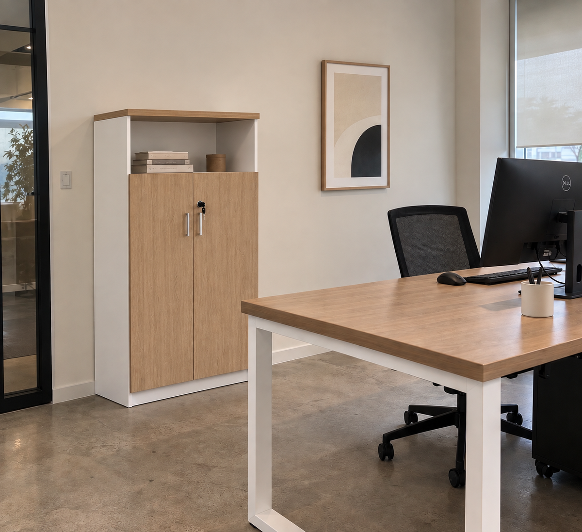 BROTO - Armario alto de oficina blanco y roble 160 cm – Almacenamiento profesional