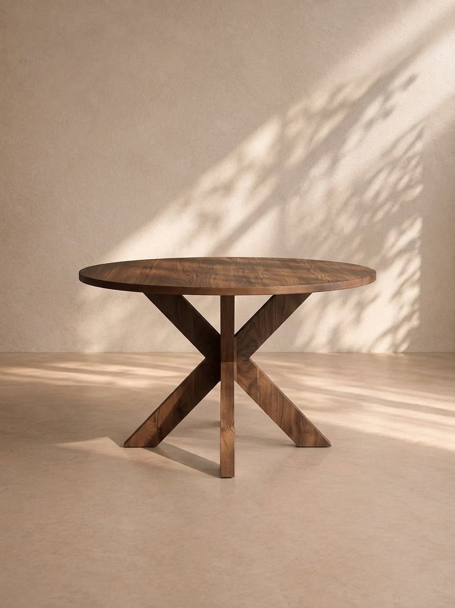 OSORNO - Mesa de comedor redonda 120 cm efecto madera, pata cruzada