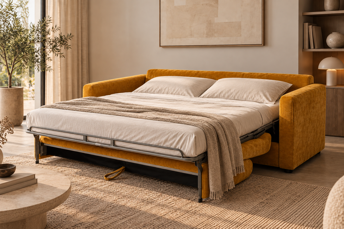 MARTOS - Sofá cama de terciopelo mostaza de 3 plazas, 194 cm
