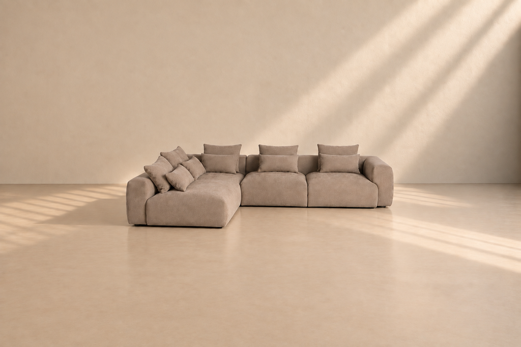 TORIL - Sofá rinconera izquierdo de tela beige de 3 plazas con chaise longue 307 x 202 cm