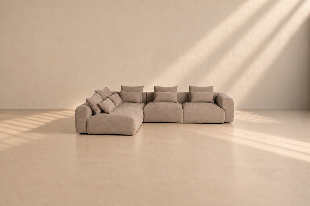 TORIL - Sofá rinconera izquierdo de tela beige de 3 plazas con chaise longue 307 x 202 cm