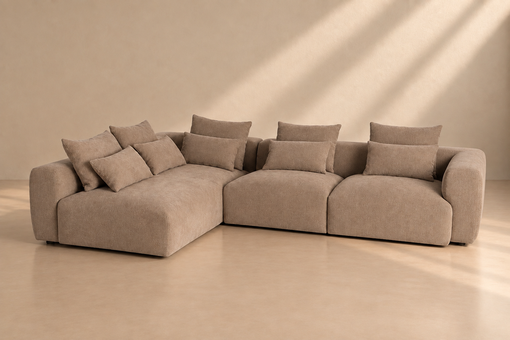 TORIL - Sofá rinconera izquierdo de tela beige de 3 plazas con chaise longue 307 x 202 cm