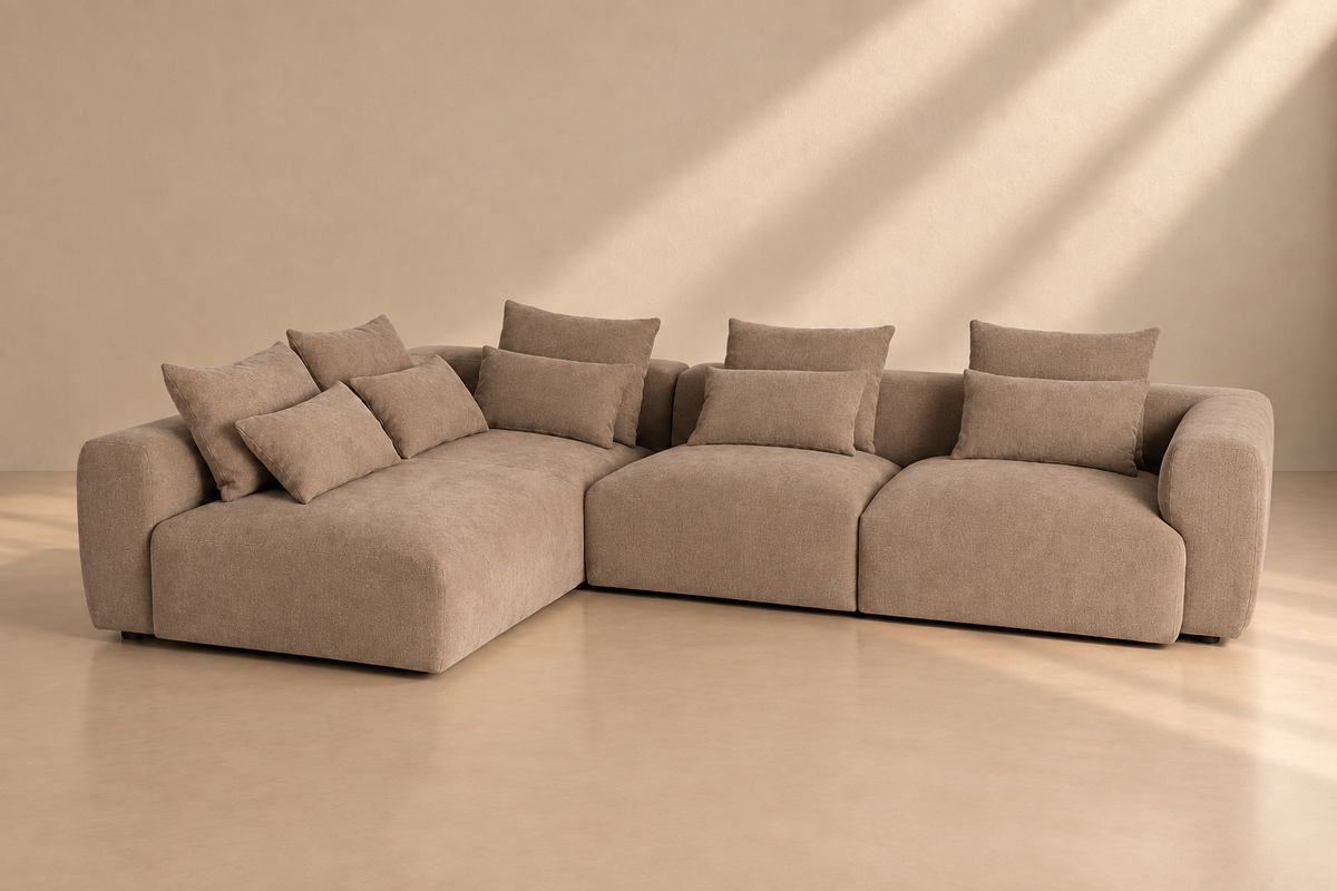 TORIL - Sofá rinconera izquierdo de tela beige de 3 plazas con chaise longue 307 x 202 cm