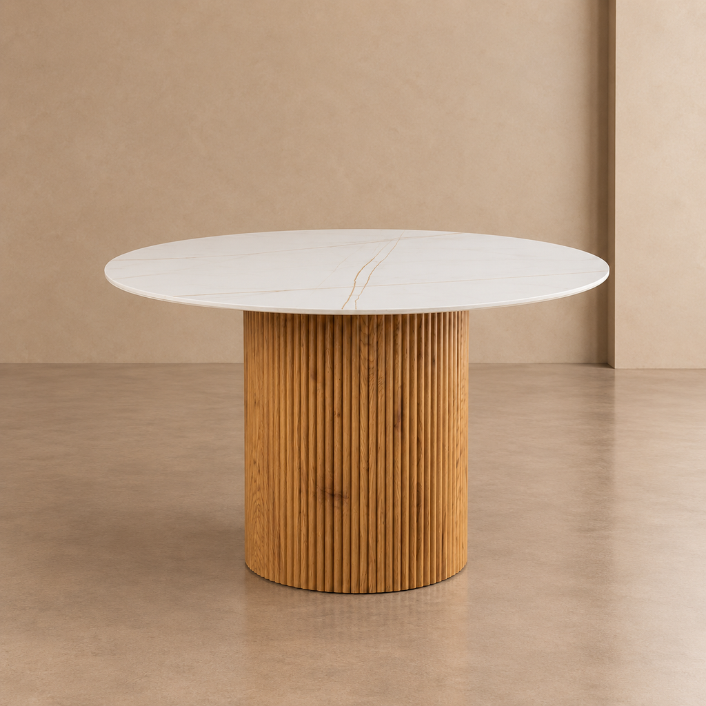LORES - Mesa de comedor cuadrada de piedra sinterizada blanca y madera natural 110 cm