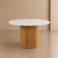 LORES - Mesa de comedor cuadrada de piedra sinterizada blanca y madera natural 110 cm