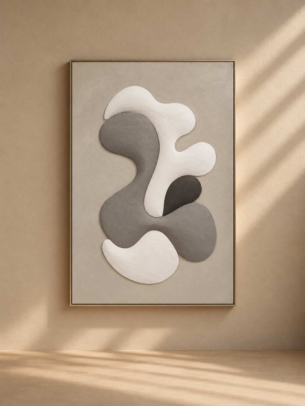 MOGAN - Cuadro de formas orgánicas con marco de madera, LED, relieve y textura 100x150 cm