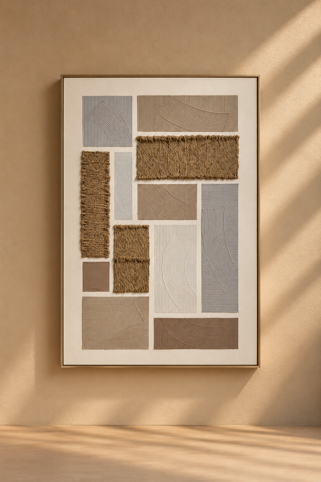 LIVAR - Cuadro abstracto decorativo de cuerda y texturas, marrón, beige y gris 80x120 cm