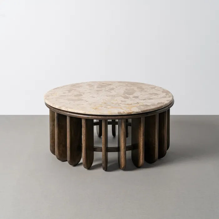 TABUA - Mesa de centro de madera y mármol para salón 90 x 90 x 42 cm