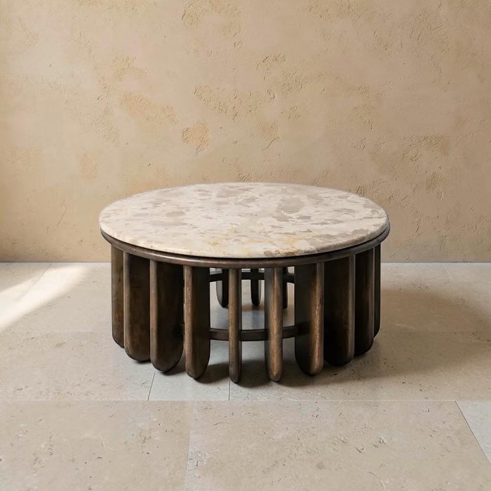 TABUA - Mesa de centro de madera y mármol para salón 90 x 90 x 42 cm
