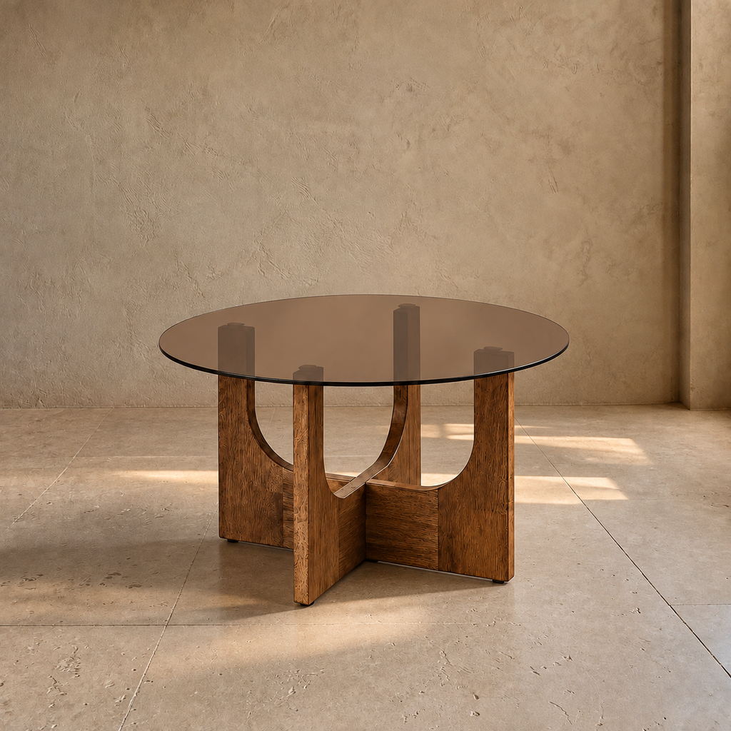 CASTRO - Mesa de centro redonda de madera y cristal marrón 60 x 60 x 41 cm