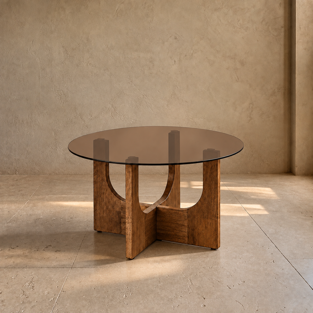 CASTRO - Mesa de centro redonda de madera y cristal marrón 60 x 60 x 41 cm