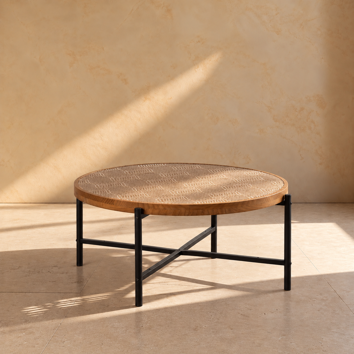 MONTSEL - Mesa de centro en metal y madera, acabado natural y negro, 89 x 89 x 42,50 cm