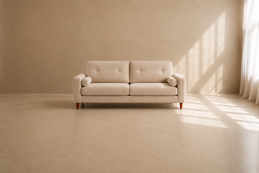 ARAHAL - Sofá color crema de tela y estructura de madera de eucalipto