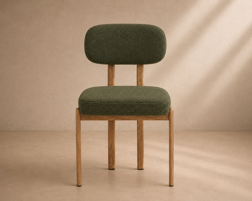 ANZA - Cadeira de design verde em tecido bouclé e estrutura metálica com efeito de madeira
