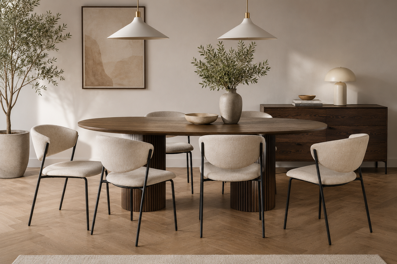 VENTI - Chaise de salle à manger en tissu beige et métal noir