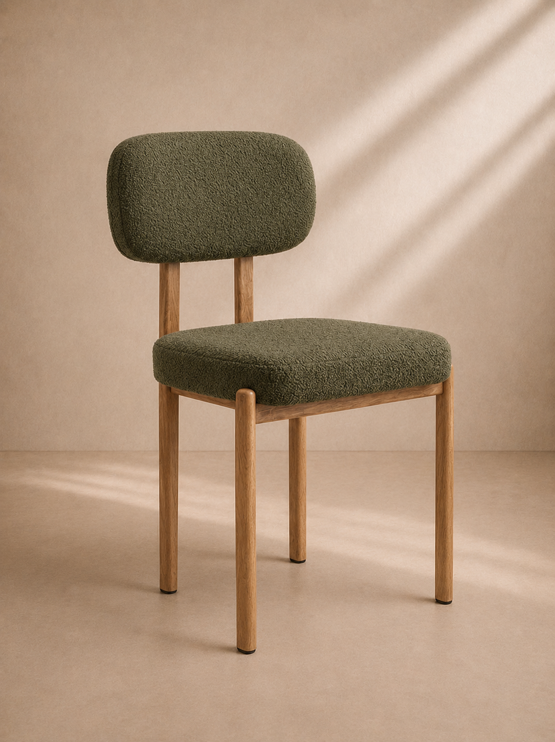 ANZA - Chaise design verte en tissu bouclé et structure métal effet bois