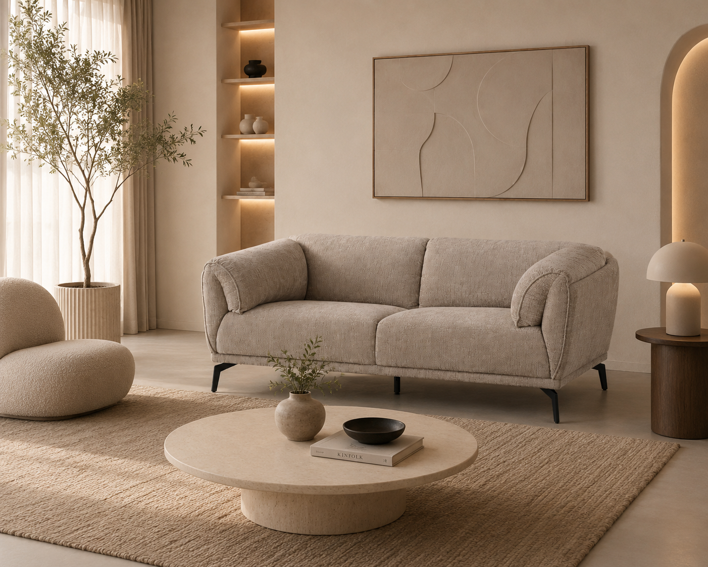 SEYA - Canapé 2 places en tissu bouclé beige avec pieds en métal noir